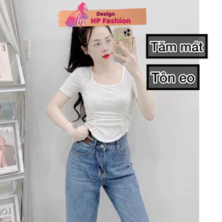 Áo cổ vuông nhúm eo body tay ngắn HP FASHIONTREND Áo crt body vạt bầu thun co giãn màu đen trắng tôn dáng G561