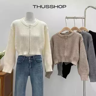 Áo Khoác Len CRT Trơn Dài Tay Khóa Kéo THUS, Áo Croptop Len Giãn BIGSIZE Hàng QC Cao Cấp THUS049