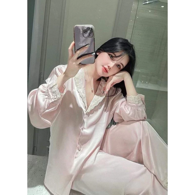 sét đồ ngủ mặc nhà pijama chất latin lụa tay dài quần dài có túi mềm mịn