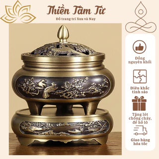 Lư đồng đốt trầm,lư đỉnh xông trầm, đỉnh đốt nhang bằng đồng nguyên khối tặng đế hồ lô,miếng lót chống cháy