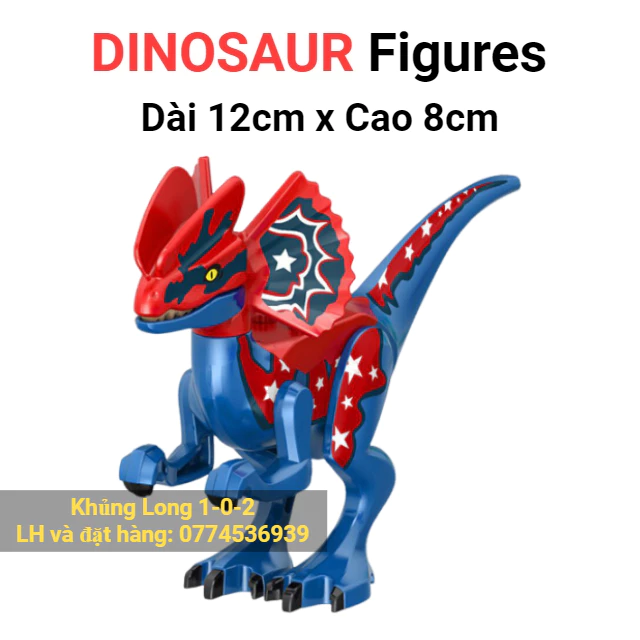 Đồ Chơi Khủng Long Dilophosaurus Màu Xanh Dương Đỏ Size Nhỏ dài 12cm x cao 8cm