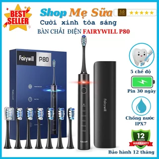 Bàn chải điện Fairywill P80 có cảm biến lực chải răng, tặng 8 Đầu bàn chải- 5 Chế độ Làm sạch-Trắng răng12 tháng 1 đổi 1