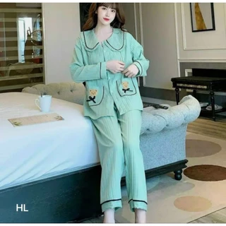 Bộ đồ ngủ Pijama đẹp  tay đai quần dài bèo xốp gân túi gấu.