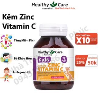 Viên nhai bố sung kẽm cho bé Healthy Care Zinc + Vitamin C của úc 60 cho trẻ từ 2 tuổi tăng đề kháng hiệu quả