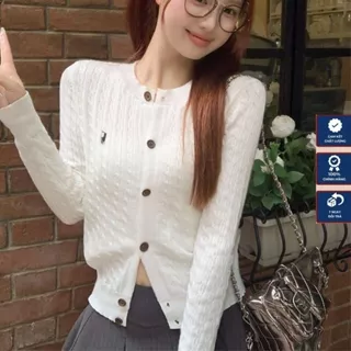 Áo Cardigan Len Dệt Kim Mỏng Cổ Tròn Dài Tay Dáng Ôm Vừa Người Hàng Qccc Phối Thêu Ngựa Ngực  Phong Cách Hàn Quốc Tongkh