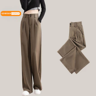 Quần ống rộng Goness 2 khuy lưng cạp cao baggy vải nữ dài suông loe culottes xuông nhiều màu QD02