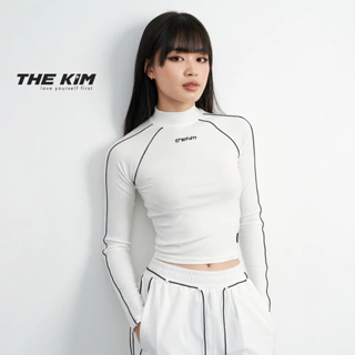 Áo croptop dài tay cổ cao phối line THE KIM , áo dài tay chất liệu thun tăm T225