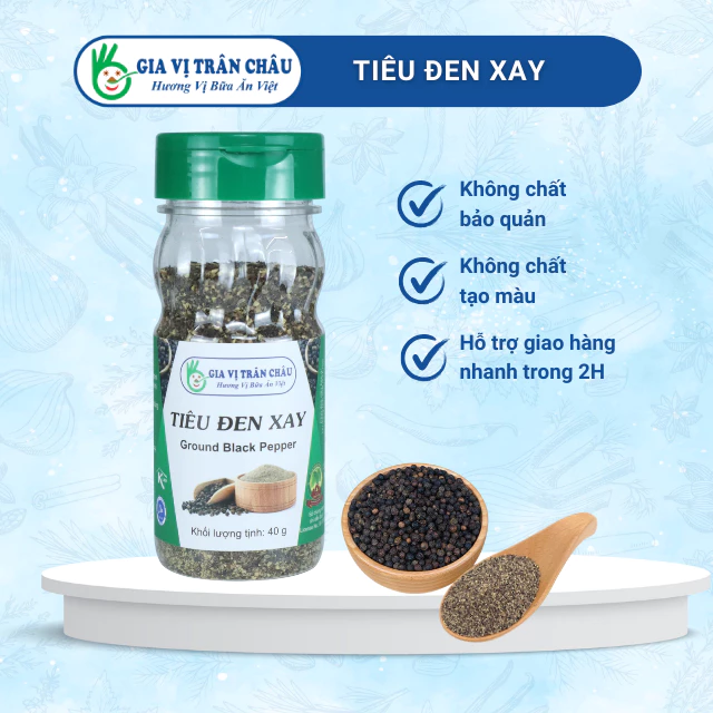 Tiêu đen xay Trân Châu | hũ nhựa 40g, 100% từ tự nhiên