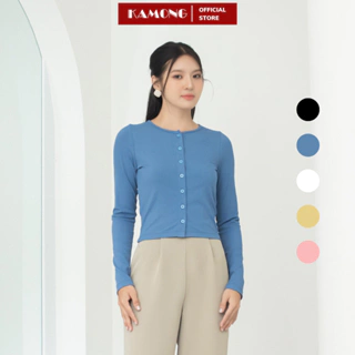 Áo croptop nữ tay dài cài nút KAMONG chất liệu thun tăm A149