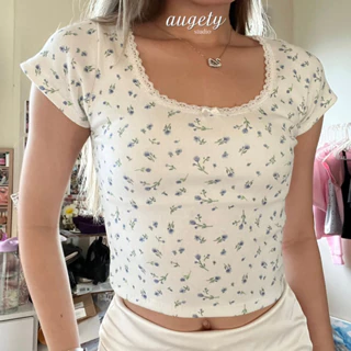 Áo Croptop Ren Nơ Hoa Nhí Xanh Tay Ngắn, Dolly Top Hoa