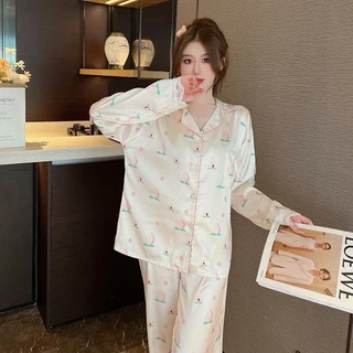 [LR14]Bộ Ngủ Mặc Nhà Pijama Lụa Dài Tay, Họa Tiết Đào, Nữ Tính Phong Cách Hàn Quốc-HÀNG QUẢNG CHÂU