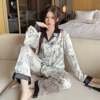 [LR20]  Bộ Ngủ Mặc Nhà Pijama Lụa Dài Tay, Thiết Kế Sang Chảnh,Nữ Tính Phong Cách Hàn Quốc-HÀNG QUẢNG CHÂU