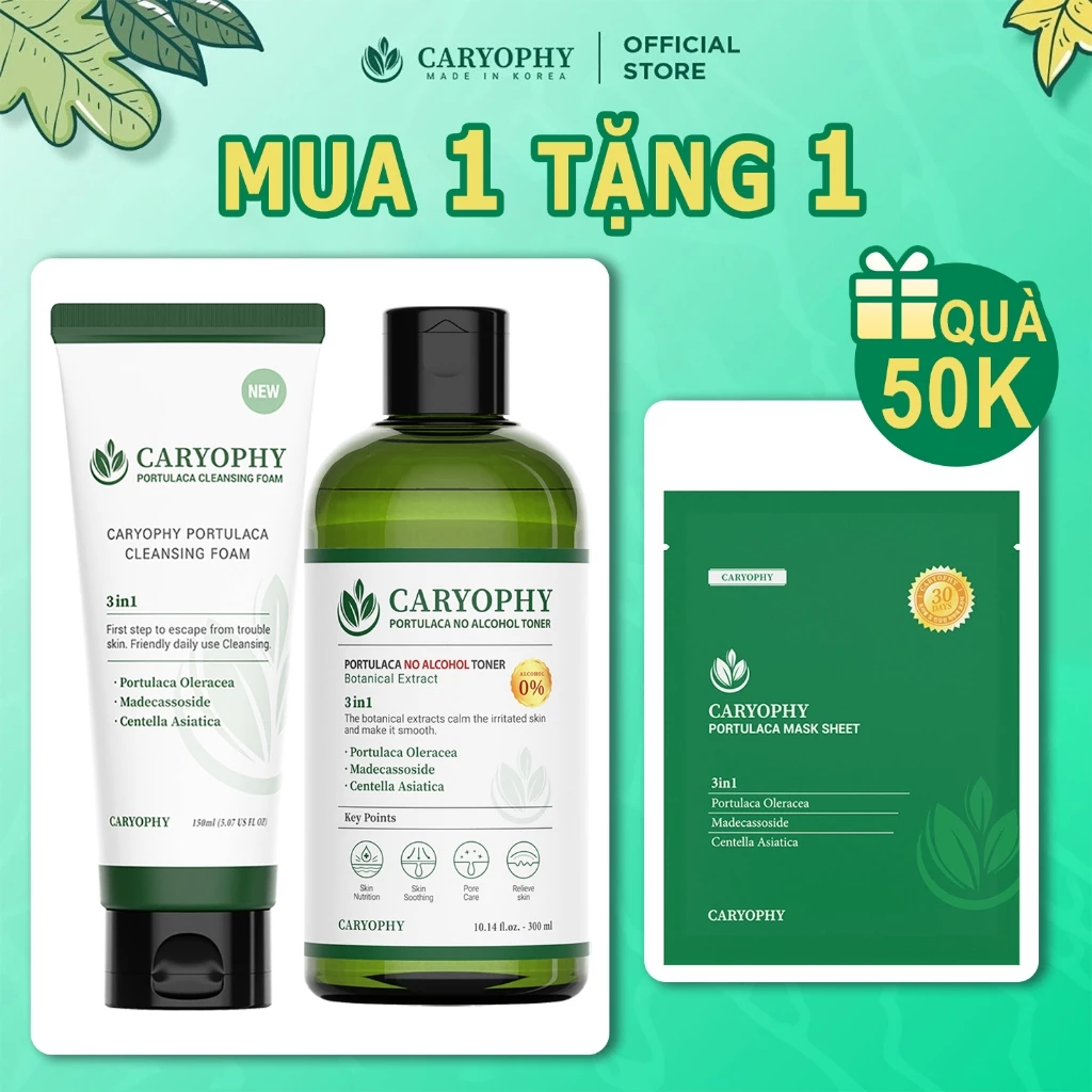 COMBO Sữa rửa mặt Caryophy Portulaca Cleansing Foam 150ml + Toner Caryophy Portulaca 300ml Nước hoa hồng d