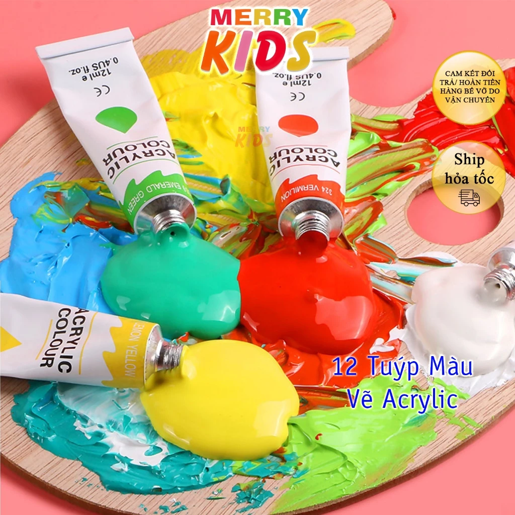 Bộ 12 Tuýp Màu Vẽ Acrylic, 3 cọ, Tuýp 12ml, Tô Tượng Thạch Cao MERRY KIDS