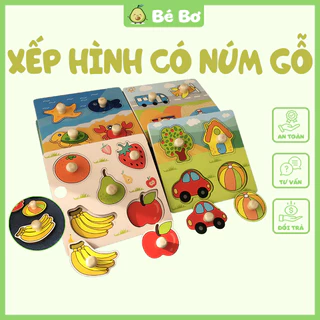 Đồ chơi xếp hình có núm gỗ, cho bé 1-3 tuổi, họa tiết rau củ quả, con vật, giúp bé ghi nhớ hình ảnh, phát triển tư duy