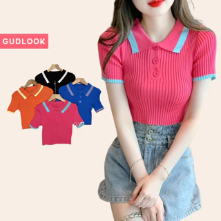 Áo Croptop Len Tăm GUDLOOK cổ polo phối viền chất len tăm mỏng màu hồng đen xanh cam