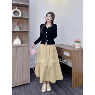 SET váy thời trang nữ mặc đi chơi áo thun gân gài nút tay dài mix chân váy cotton lạnh chữ A xoè maxi 2 màu QC