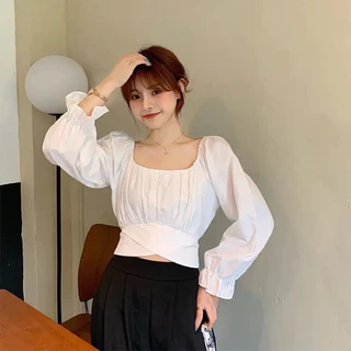 Áo kiểu nữ croptop Ulzzang cổ vuông cột dây xinh xắn