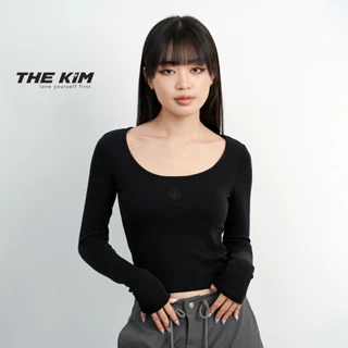 Áo croptop dài tay trơn cổ tròn THE KIM , áo thun hình thêu blink heart chất liệu 100% cotton T209