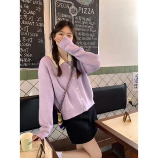 𝗺𝗶𝗲 𝘀𝘁𝘂𝗱𝗶𝗼 - SẴN Cardigan áo len tím mix cổ trắng xinh xắn Hàn Quốc