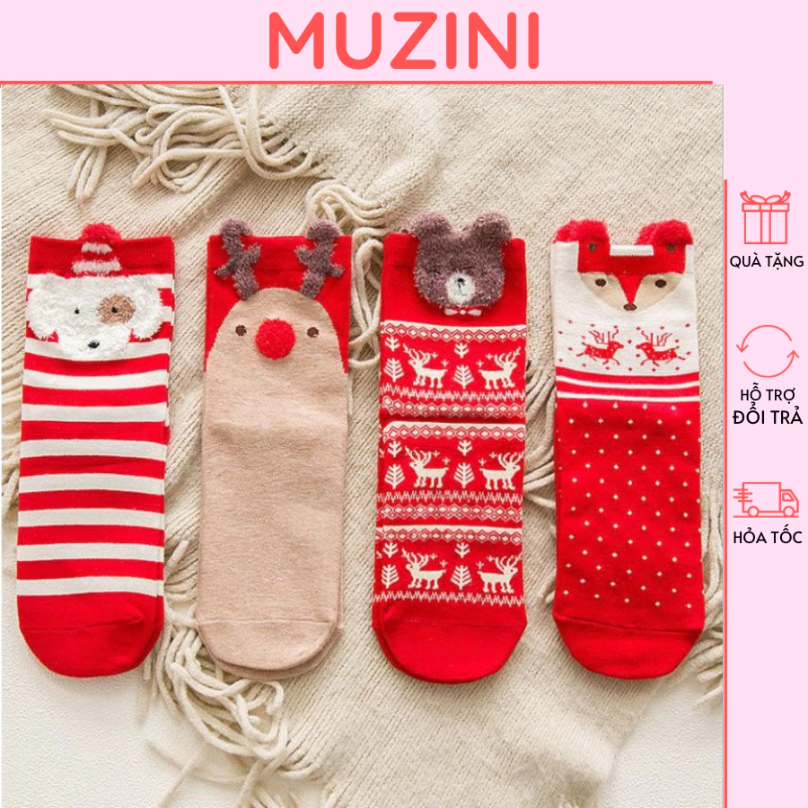 Tất giáng sinh Muzini vớ cổ cao Noel mẫu mới họa tiết Giáng Sinh dễ thương vải cotton co dãn bền bỉ Quà tặng Noel TN122