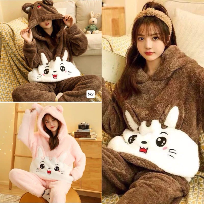 Bộ ngủ lông cừu thêu mèo dễ thương, Sét pyjama lông mũ tai gấu chất dày dặn ấm áp màu hồng nâu form rộng unisex hàn quốc