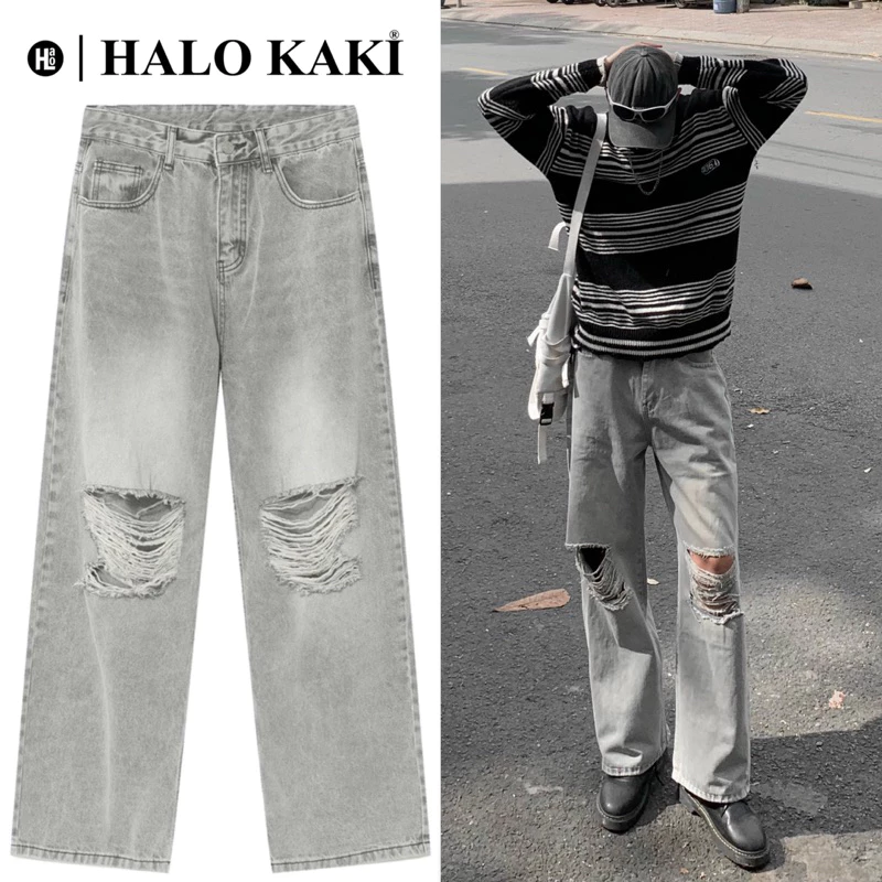 XÁM ÁNH KIM RÁCH/TRƠN - Quần jeans wash ống rộng wide leg phủ gót chùm giày unisex quảng châu cao cấp HALO KAKI