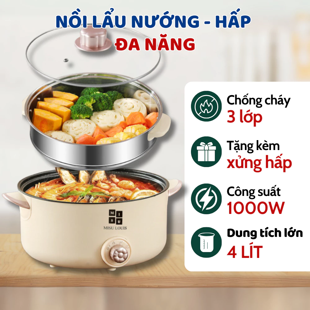 [𝐠𝐢𝐚𝐝𝐮𝐧𝐠𝐋𝐈𝐎𝐍] Nồi Lẩu Nướng - Hấp 2 Tầng Đa Năng Cao Cấp MISU LOUIS Dung Tích 4L, Đường Kính 28cm, Tặng Kèm Xửng Hấp