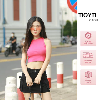 Áo thun nữ ba lỗ TIQYTI vải cotton dày dặn kiểu dáng croptop phối cổ tròn cá tính JL02