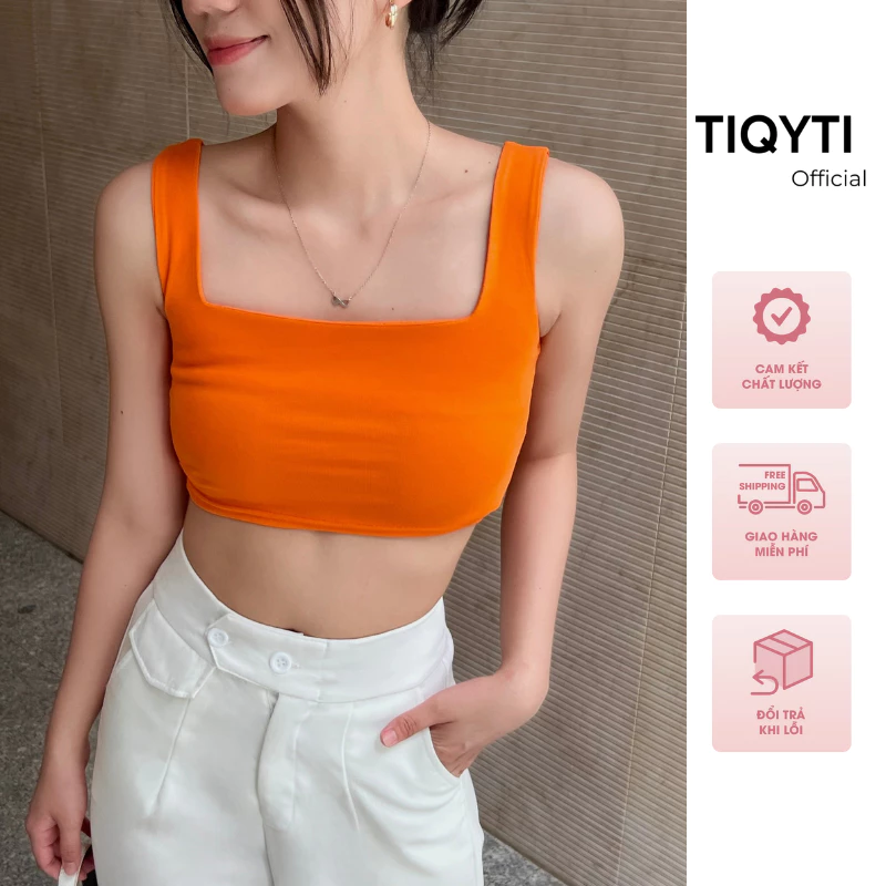 Áo thun nữ hai dây TIQYTI JL04 chất cotton dày dặn dáng croptop phối cổ vuông màu trơn basic