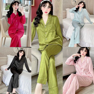 Bộ ngủ Pijama Lụa Gấm Xước Trơn Ánh Kim Set Tay Dài Quần Dài