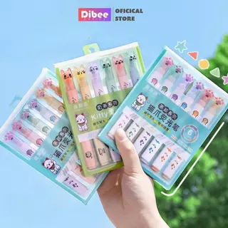 Bút highlight chân mèo màu pastel DiBee set 6 bút nhớ màu pastel thân tròn thiết kế hình mèo dễ thương B96