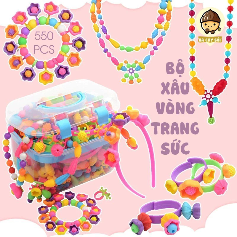 Đồ chơi lắp ghép xâu hạt 550 chi tiết cho bé làm vòng tay, vòng cổ, bờm tóc kèm phụ kiện