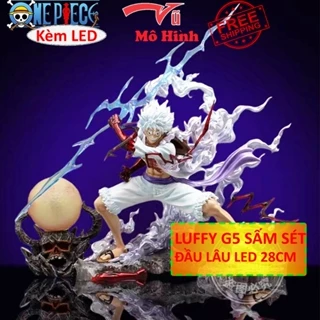 Mô Hình One Piece Luffy gear 5 thức tỉnh Nika cầm sét chiến đấu đảo đầu lâu LED - Cao 28cm - Vũ mô hình