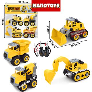 Đồ chơi xe Công trình lắp ráp - bộ 4 xe kèm tua vít - 2 size L và XL - NANOTOYS STORE