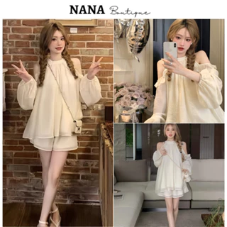 Set áo khoét vai babydoll viền bèo chất voan + quần hai lớp siêu xinh, set bộ tiểu thư bánh bèo