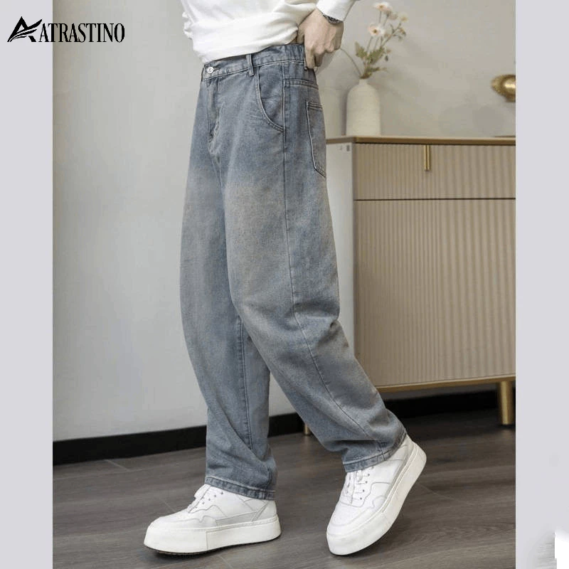 Quần jean nam retro baggy CẠP CAO ống rộng vừa Atrastino, quần bò nam xám xanh loang chất jeans cao cấp- JEAN005