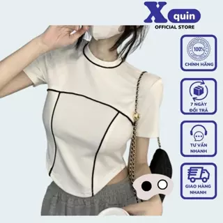 Áo croptop nữ ngắn tay cổ tròn phối viền màu nổi bật Xquin, Áo kiểu nữ ôm body vạt bầu cực tôn dáng