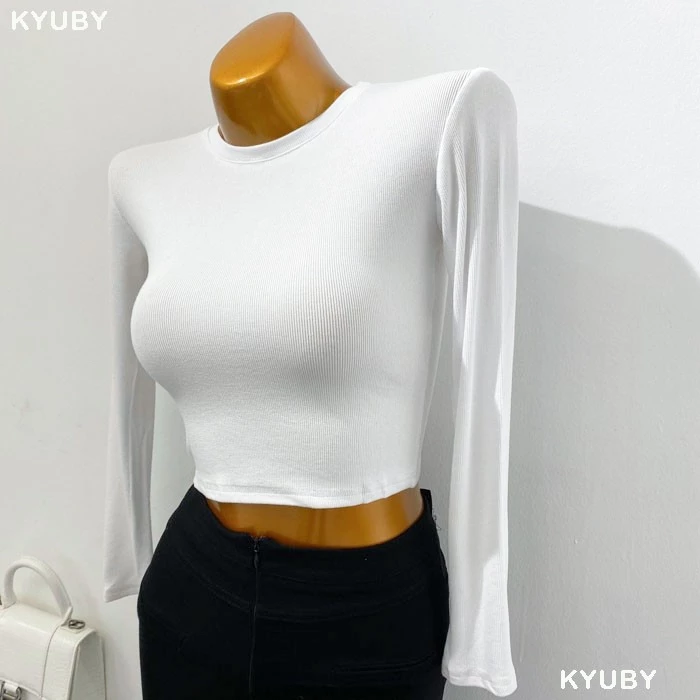 Áo croptop dài tay cổ tròn KYUBY Áo thun nữ tay dài dáng croptop A03