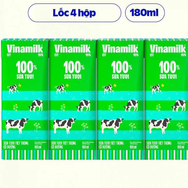 Sữa 100% Vinamilk 1 lốc (4 hộp x 180ml) sữa tươi tiệt trùng có đường , ít đường