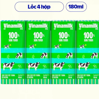 Sữa 100% Vinamilk 1 lốc (4 hộp x 180ml) sữa tươi tiệt trùng có đường , ít đường