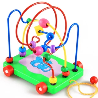 Đồ chơi luồn hạt gỗ trên xe kéo dây, đồ chơi mê cung luồn hạt rèn kĩ năng vận động cho bé