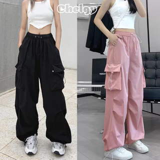 Quần ống rộng túi hộp Chelgy eo dây rút vải kaki phong cách màu trơn Đen, Xanh, Xám basic Hiphop CG-QTHDR103