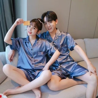 Đồ Bộ Pijama Lụa Nam Nữ Mặc Nhà Tay Ngắn Quần Cộc Mùa Hè Cao Cấp Bộ Đồ Ngủ Nam Nữ Lụa Siêu Xinh