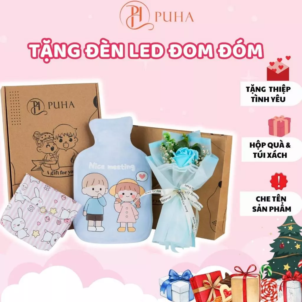 Túi chườm nóng bụng kinh PUHA 1000ml phiên bản Love You hộp quà tặng bạn gái có hoa hồng sáp