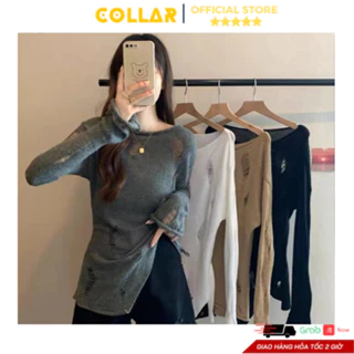 Áo len nữ dài tay vạt chéo rách COLLAR, áo kiểu nữ mỏng len dệt ôm body tôn dáng sexy mặc thu đông