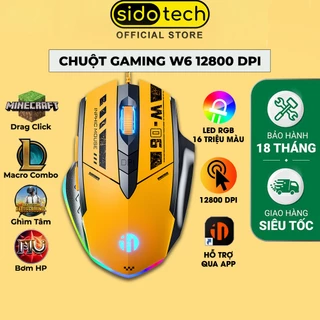 Chuột máy tính có dây SIDOTECH W6 gaming 6 nút có app điều chỉnh 12800 DPI led RGB hỗ trợ macro ghìm tâm auto click