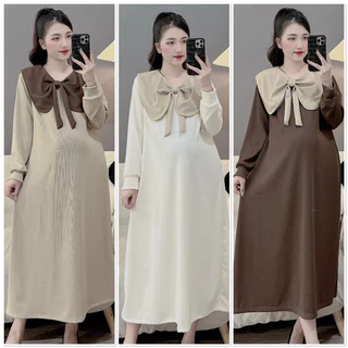 Váy Đầm Bầu Thu Đông Dài Tay thiết kế chất LEN GÂN phối Cổ Nơ cách điệu xinh xắn 4 màu V136