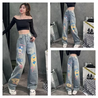 Quần Jeans  Dáng Suông In Hình Siêu Dễ Thương Cho Nữ, Quần Bò Nữ Ống Rộng Mẫu Mới Phong Cách Tôn Dáng