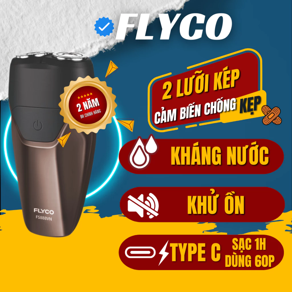 Máy Cạo Râu Mini Flyco 2 Lưỡi Kép Thân Máy Kháng Nước Sạc Nhanh 1 Giờ FS888VN Hàng Chính Hãng